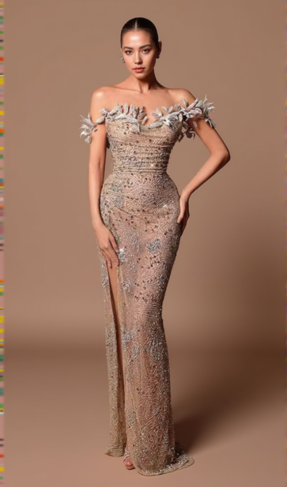 CRYSTAL LEAF EMBELLISHED SEQUIN MAXI DRESS IN PALE BROWN