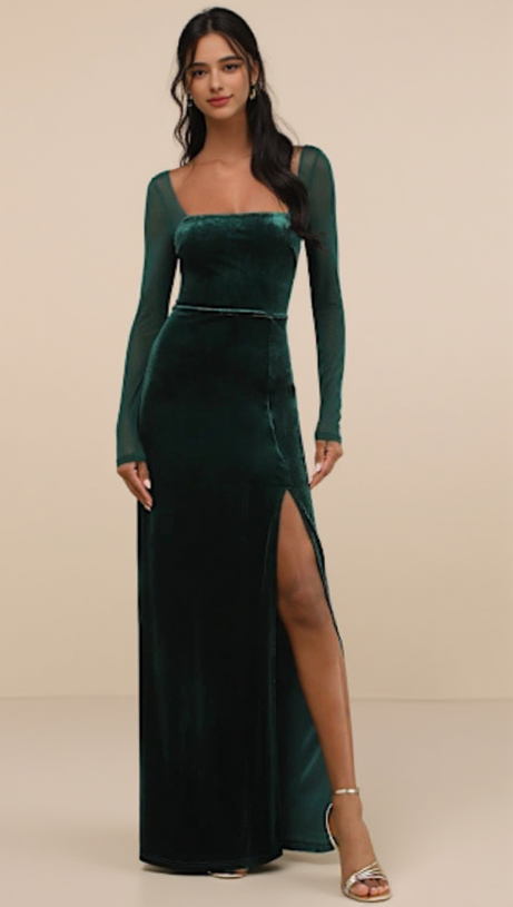 CERTIFIABLY EMERALD VELVET MESH LONG SLEEVE MAXI DRESS