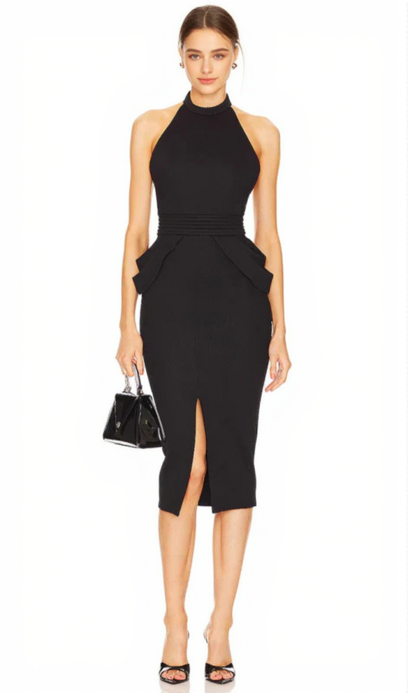 AIIZIE RISE TEXTURED HALTER MIDI DRESS IN BLACK - product image