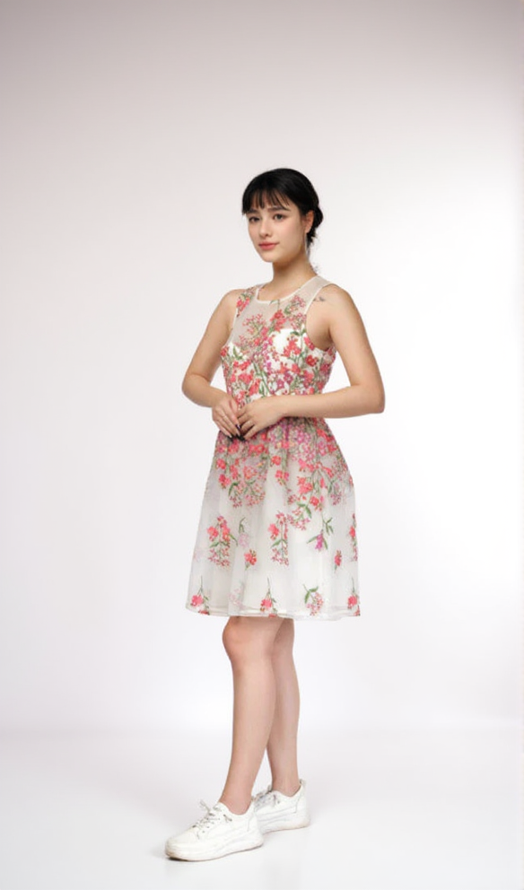 AIIZIE EMBROIDERED FLORAL WHITE FLARE MINI DRESS - product image