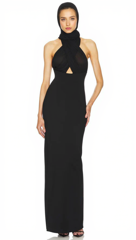 MERRY BLACK SHEER MESH UPPER PONTE LOWER MAXI DRESS