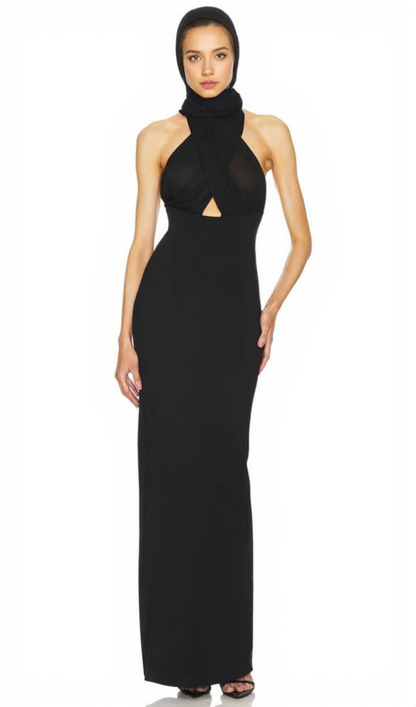 MERRY BLACK SHEER MESH UPPER PONTE LOWER MAXI DRESS