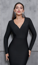 JANICE V NECK LONG SLEEVE BODYCON MIDI DRESS IN BLACK