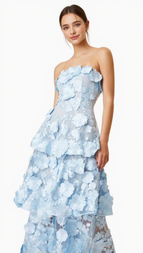 SELENE 3D FLOWER TIERED MAXI DRESS IN BLUE