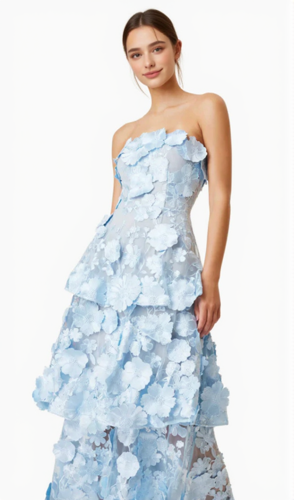 AIIZIE SELENE 3D FLOWER TIERED MAXI DRESS IN BLUE - product image