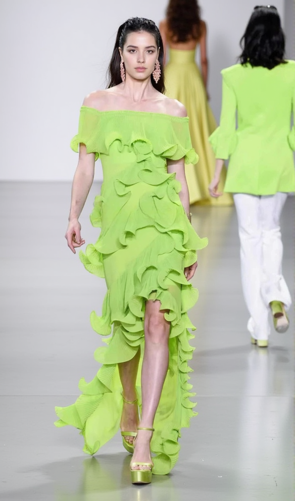 AIIZIE DORA GREEN OFF-SHOULDER PLEATED ORGANZA MAXI DRESS - product image