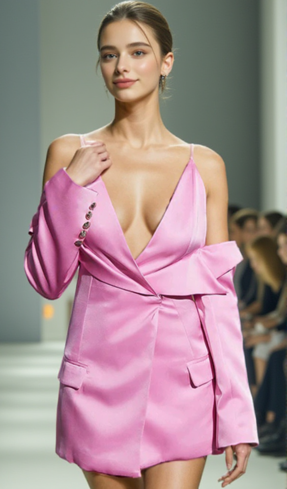 Drapierter Satin-Blazer mit tiefem Ausschnitt in Rosa