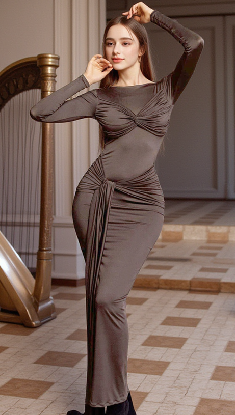 ROUND NECK RIBBED KNIT MAXI DRESS IN COFFEE