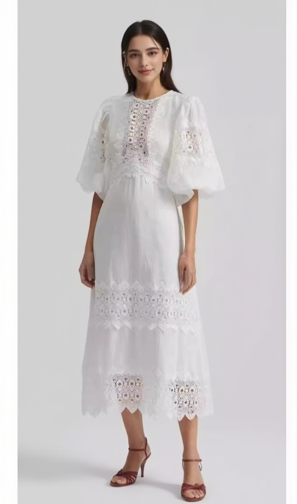 ABITO MIDI CON SCOLLO ROTONDO E MANICHE A SBUFFO RICAMATE BIANCO NOCCIOLA