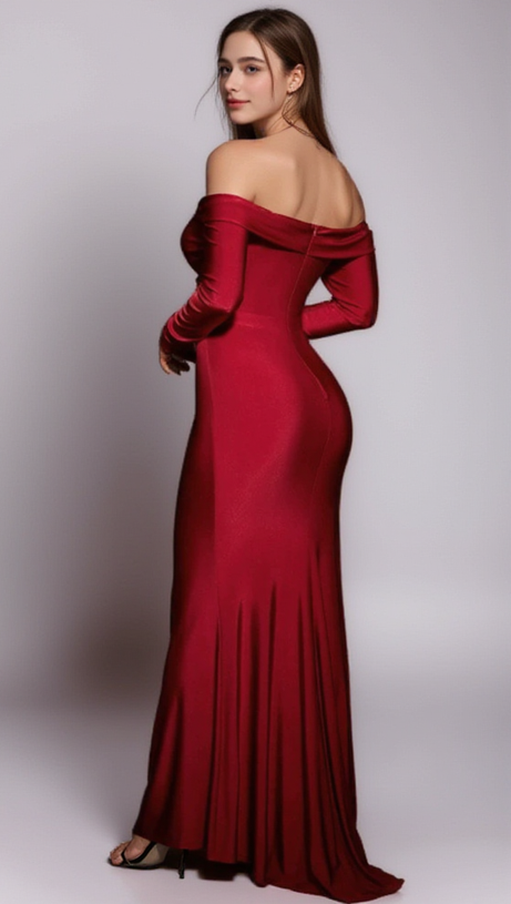 JERSEY RUCHED OFF-SHOULDER MAXI DRESS IN RED