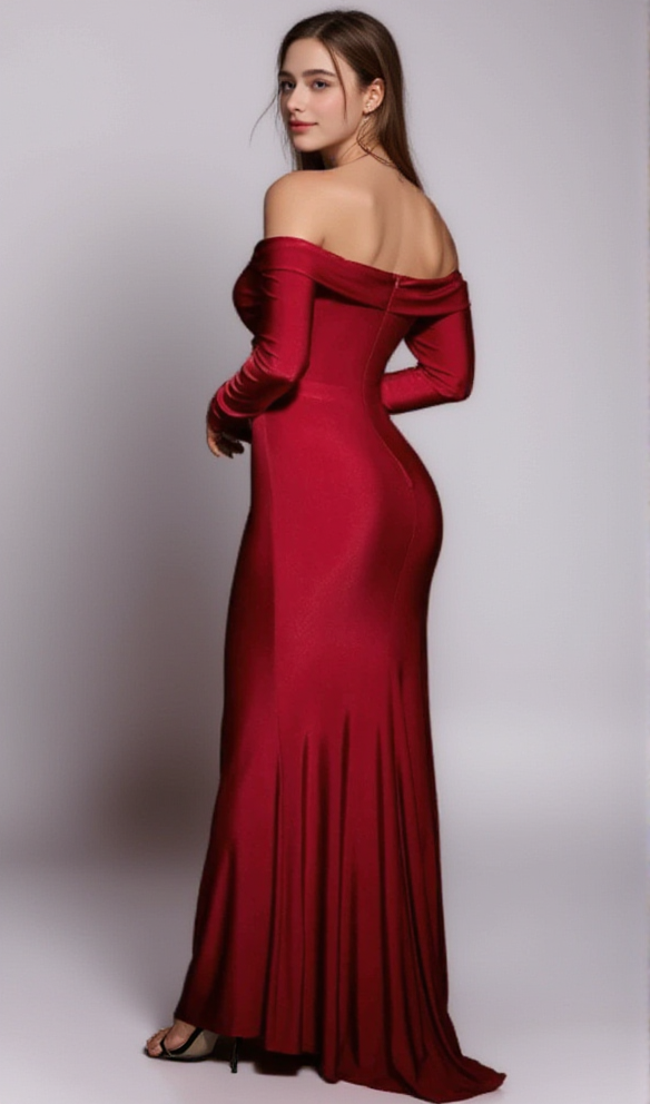 JERSEY RUCHED OFF-SHOULDER MAXI DRESS IN RED
