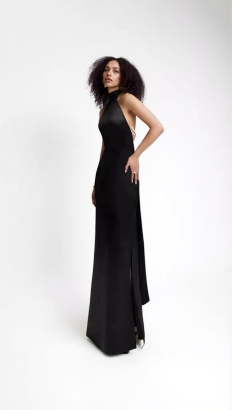 MIGNON SATIN BELT BACKLESS PEARL EMBELLISHED MAXI DRESS IN BLACK