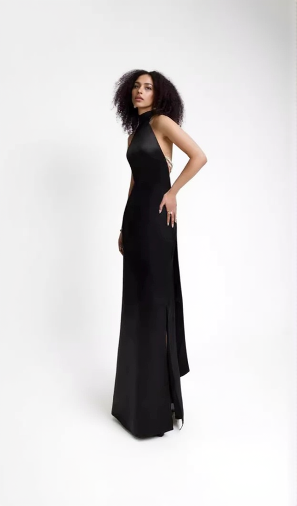 AIIZIE MIGNON SATIN BELT BACKLESS PEARL EMBELLISHED MAXI DRESS IN BLACK - product image