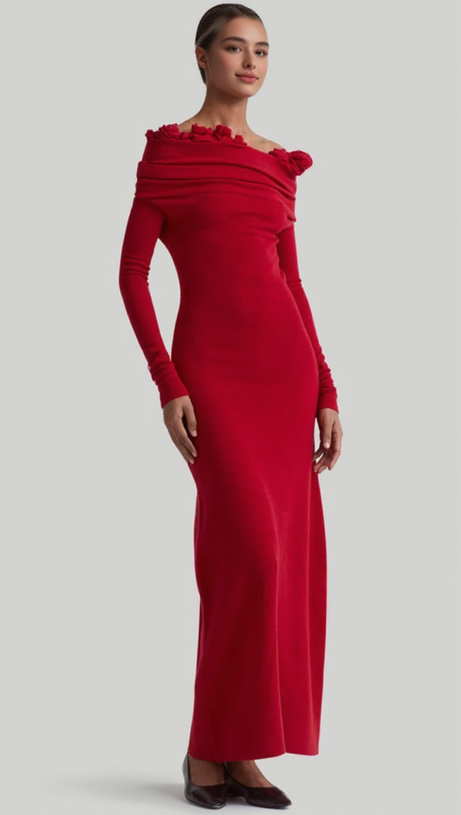 OFF-SHOULDER FLORAL EMBELLISHED RUCHED MAXI DRESS IN RED