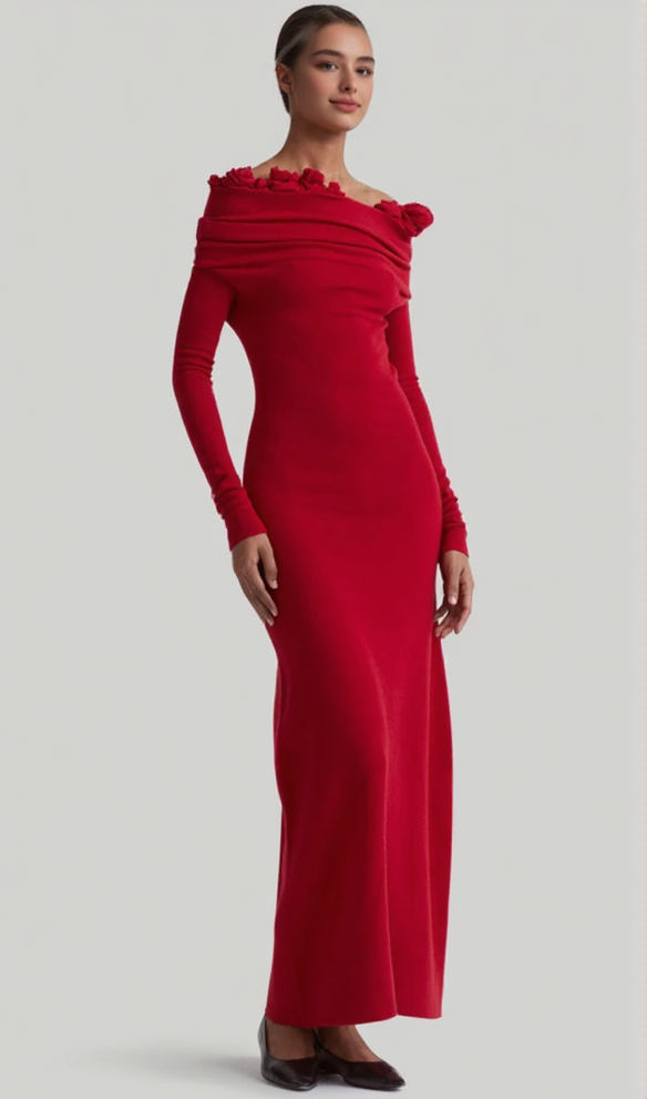 AIIZIE OFF-SHOULDER FLORAL EMBELLISHED RUCHED MAXI DRESS IN RED - product image