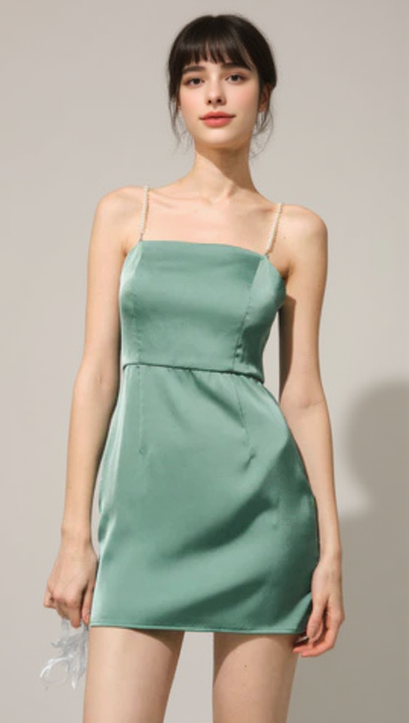 PEARL STRAP SATIN MINI DRESS IN GREEN