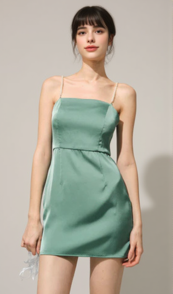 PEARL STRAP SATIN MINI DRESS IN GREEN
