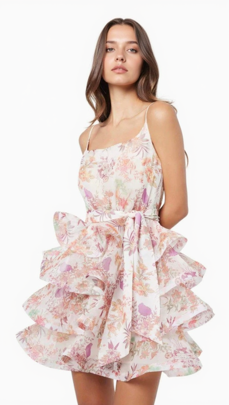 AMANDA MULTICOLOR FLORAL PRINTED RUFFLE MINI DRESS