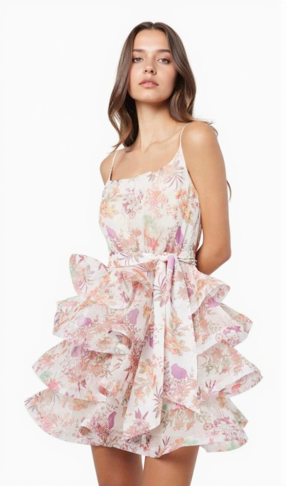 AIIZIE AMANDA MULTICOLOR FLORAL PRINTED RUFFLE MINI DRESS - product image
