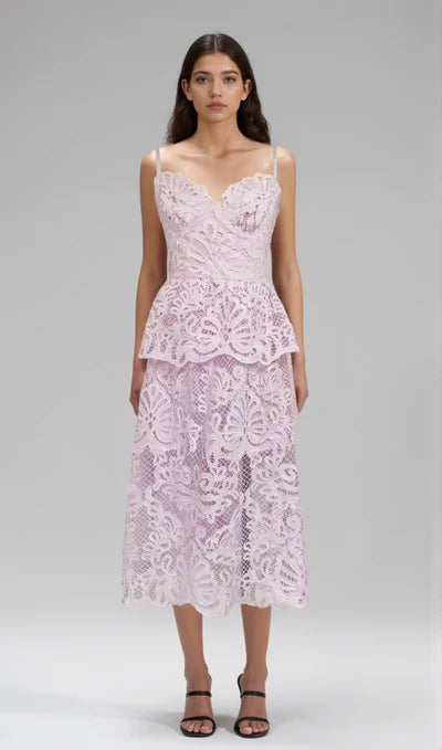 EVELYN CUT OUT LACE LAYERING MIDI DRESS IN PINK