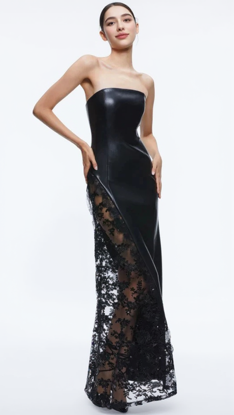 RETHA FAUX LEATHER LACE MAXI DRESS IN BLACK