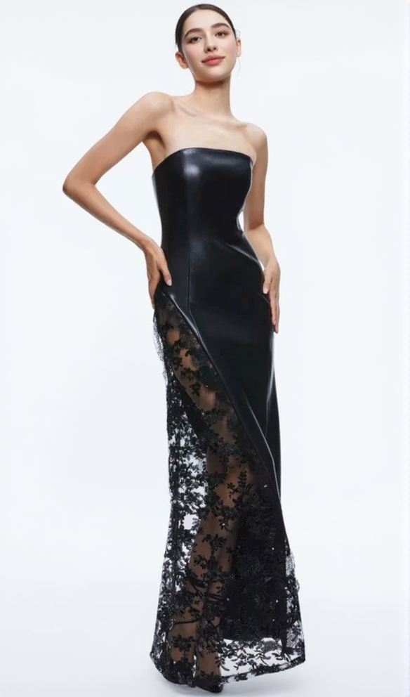 AIIZIE RETHA FAUX LEATHER LACE MAXI DRESS IN BLACK - product image