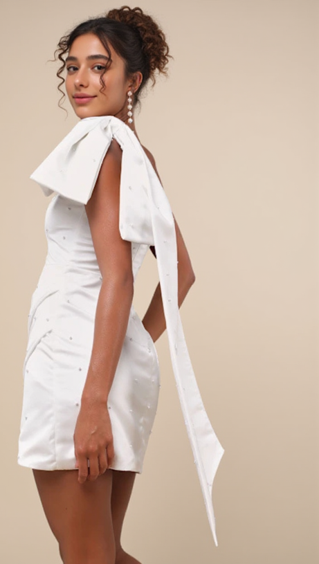 PEARL BOW ONE-SHOULDER MINI DRESS