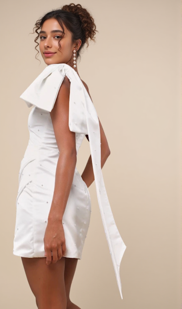 AIIZIE PEARL BOW ONE-SHOULDER MINI DRESS - product image