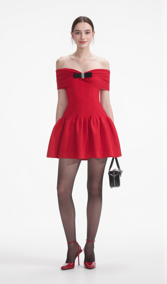 RED OFF-SHOUDER KNIT BOW MINI DRESS