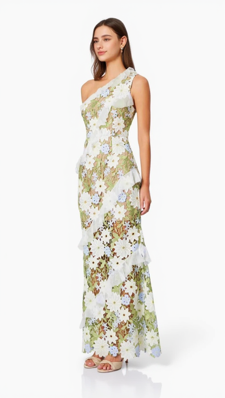 FLORAL ONE SHOULDER LACE MAXI DRESS IN GREEN