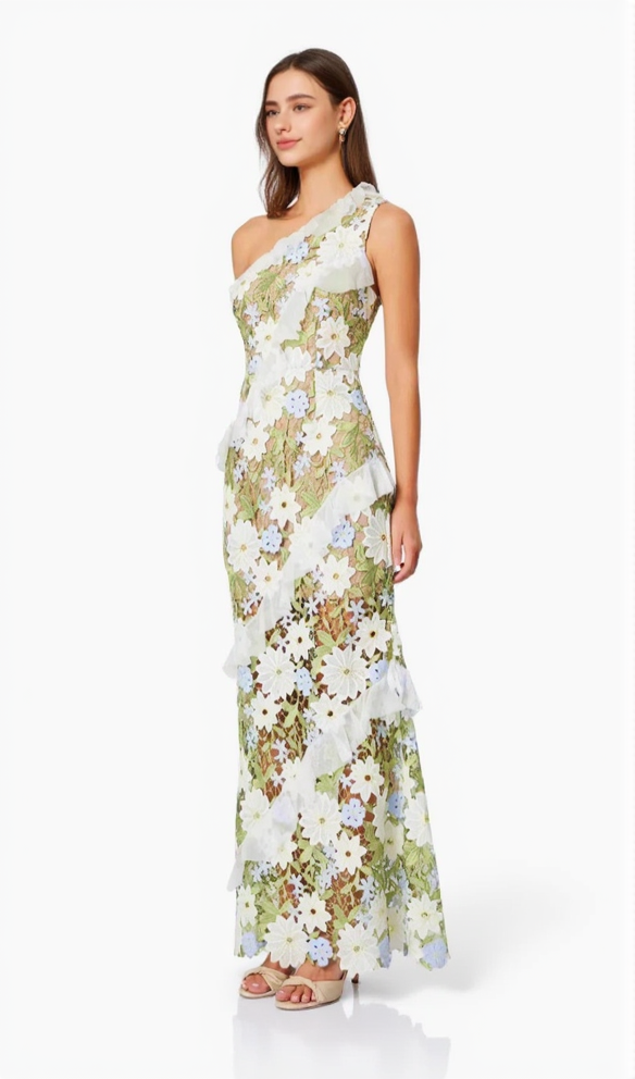 AIIZIE FLORAL ONE SHOULDER LACE MAXI DRESS IN GREEN - product image