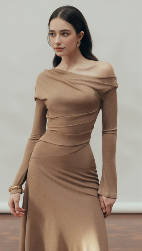 ARIA DRAPED MAXI DRESS IN HAZELNUT