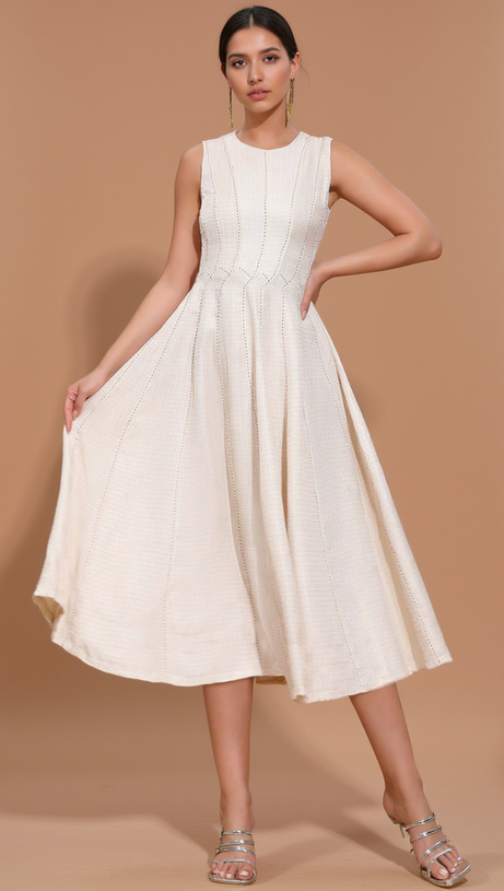 ASTRID SLEEVELESS PLEATED MIDI DRESS IN BEIGE