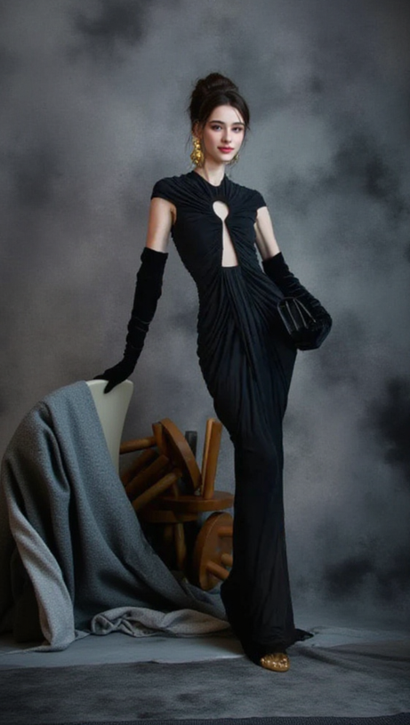 BRIANNA DRAPED KEYHOLE BODYCON GOWN IN BLACK