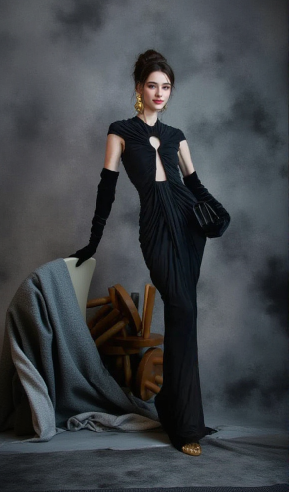 AIIZIE BRIANNA DRAPED KEYHOLE BODYCON GOWN IN BLACK - product image