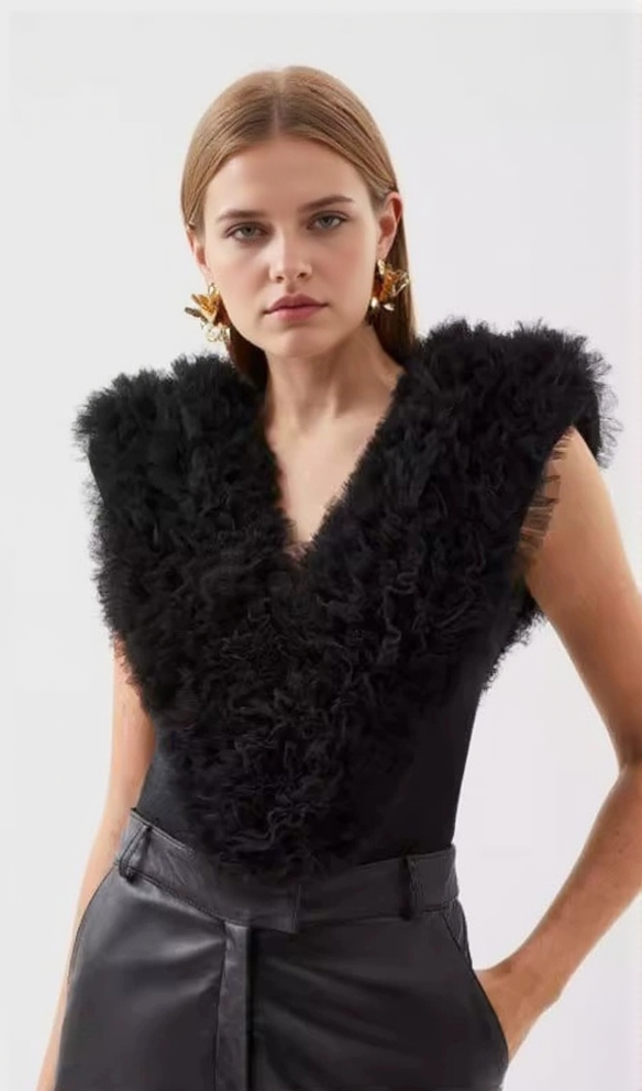 AIIZIE MIRANDA BLACK BANDAGE FIGURE FORM KNIT FLOWER DETAIL BODYSUIT - product image