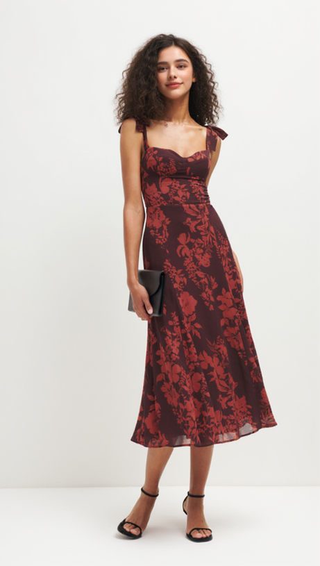 FLORAL PRINT BOWKNOT STRAP MIDI DRESS IN BURGUNDY