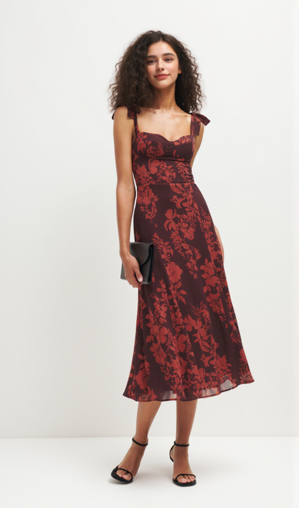 AIIZIE FLORAL PRINT BOWKNOT STRAP MIDI DRESS IN BURGUNDY - product image