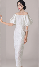 NATALIE PUFF SLEEVE OFF SHOULDER WHITE LACE MIDI DRESS