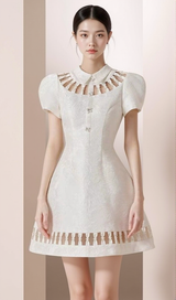 EARTHA WHITE PUFFY HOLLOW BROCADE MINI DRESS