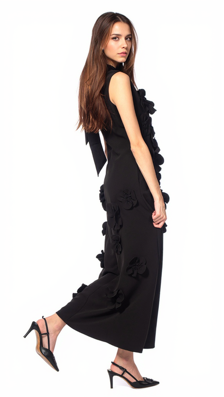 ANNONA BLACK FLOWER EMBELLISHED MAXI DRESS