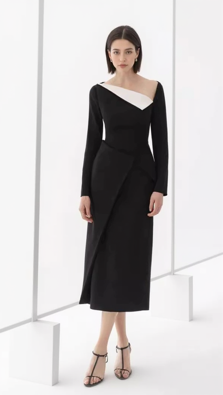 REGINA BLACK ASYMMETRIC NECK POLYCOTTON SHEATH MIDI DRESS