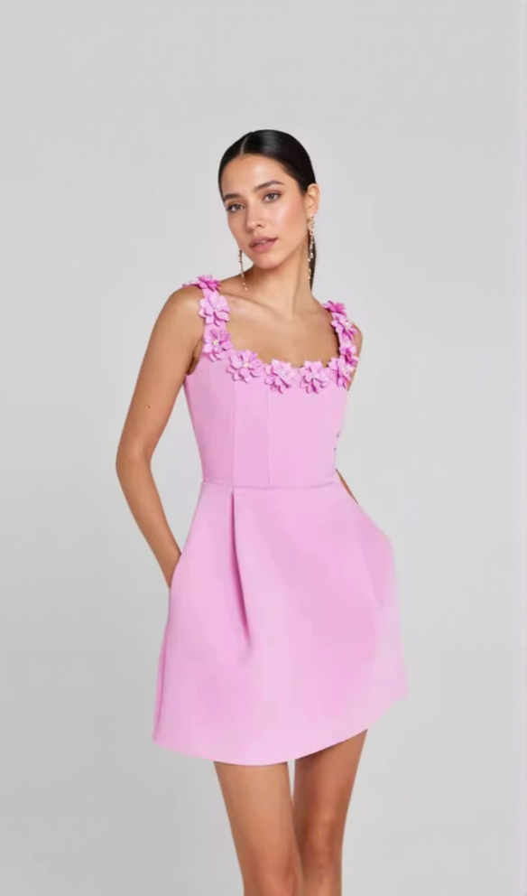 AIIZIE 3D FLOWER NECK MINI DRESS IN PINK - product image