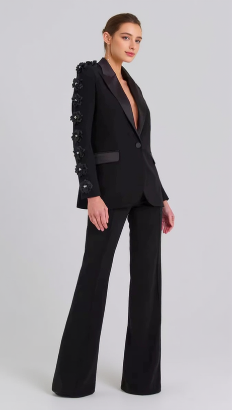 LEONIE FLOWER EMBELLISHED BLACK BLAZER