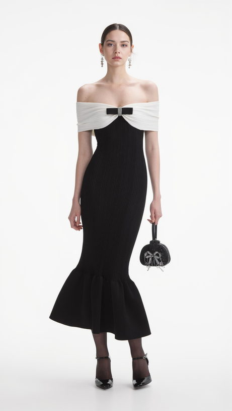 TRUDA BLACK KNIT BOW OFF-SHOULDER MIDI DRESS