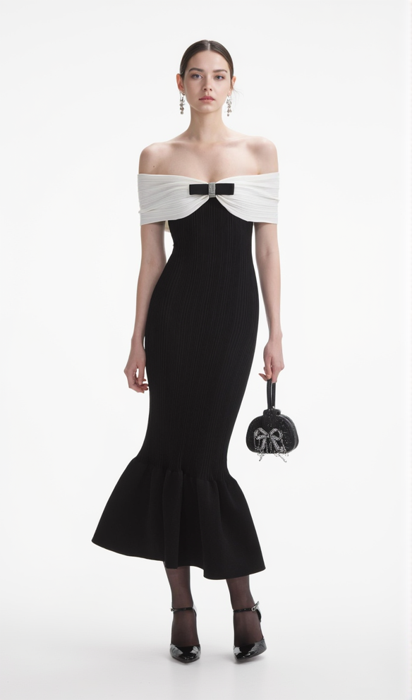 TRUDA SCHWARZES MIDIKLEID MIT STRICKSCHLEIFE UND OFF-SHOULDER-MUSTER
