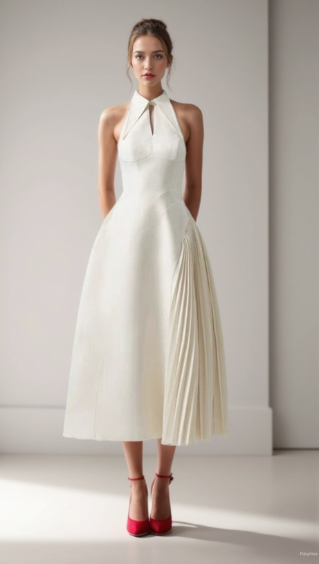 ASHLEY A-LINE PLEATED MIDI DRESS IN WHITE