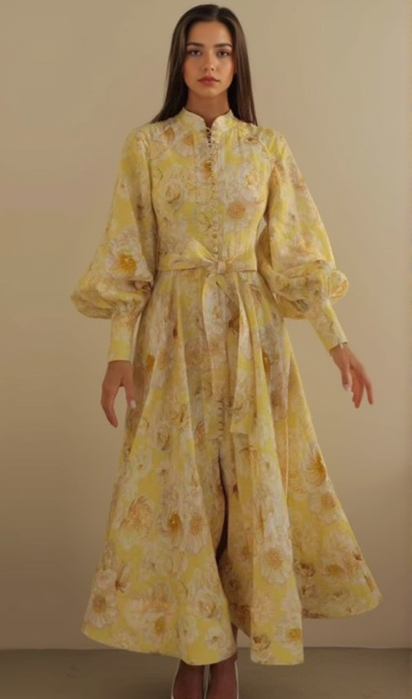 SIGRID GELBES MIDIKLEID MIT BUTTERCUP-JASMIN-LATERNENÄRMELN