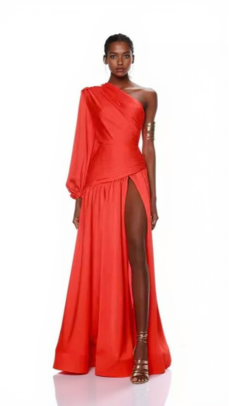 MEGAN RED SATIN PLEAT ONE-SHOULDER LONG SLEEVE MAXI DRESS