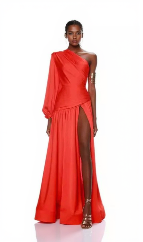 MEGAN RED SATIN PLEAT ONE-SHOULDER LONG SLEEVE MAXI DRESS